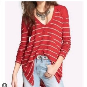 Free People Sunset Park Thermal Red Striped Oversized Slouchy Small